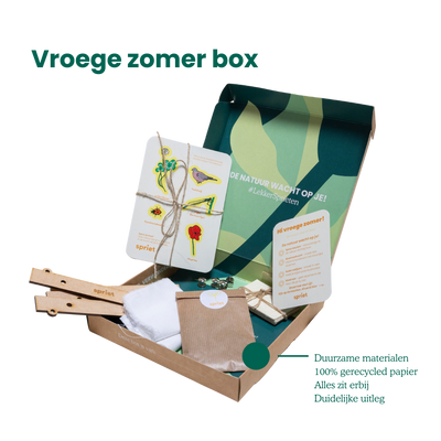 natuurbox vroege zomer, leuk met kind, buitenspelen, 1op1 tijd met kind, natuurbingo, creatief cadeau kind, duurzaam cadeau kind, natuur cadeau kind
